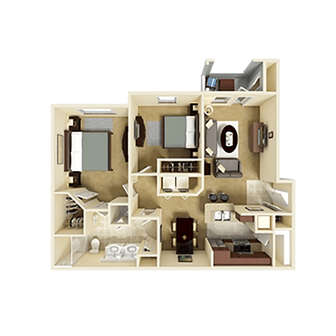 Floor plan for 2 beds, 1 bath, 1055 sqft